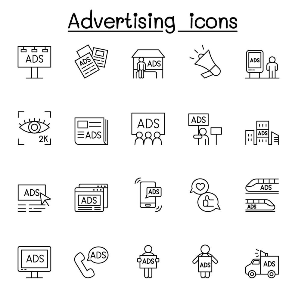 iconos de publicidad en estilo de línea fina vector