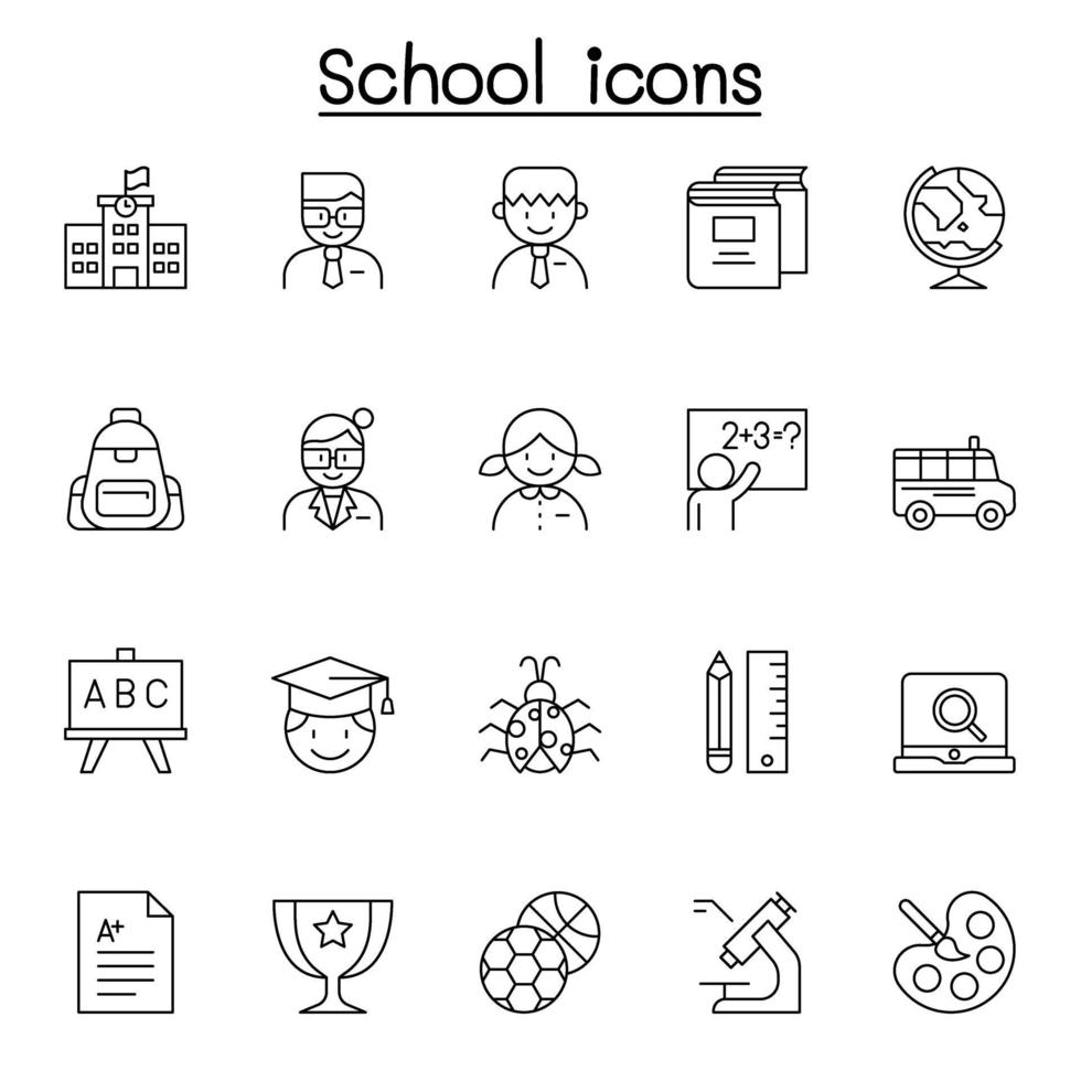 iconos de escuela y educación en estilo de línea fina vector
