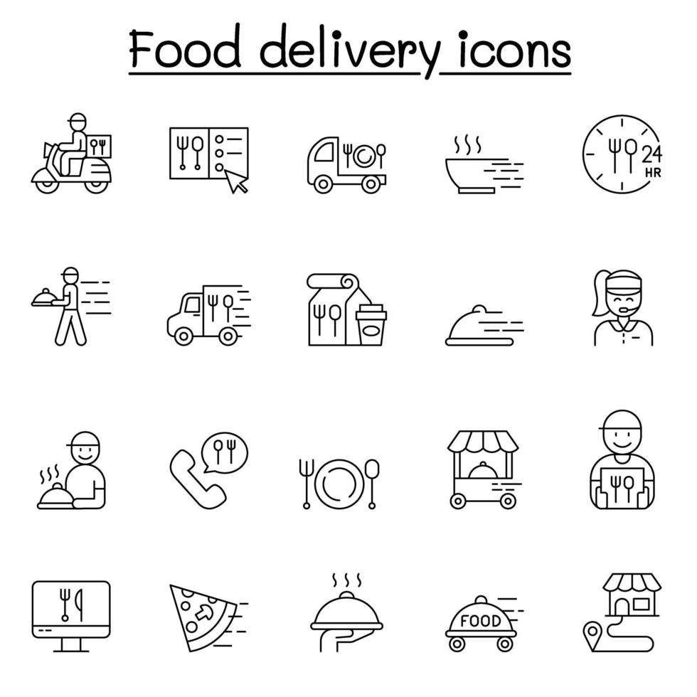 iconos de entrega de alimentos en estilo de línea fina vector