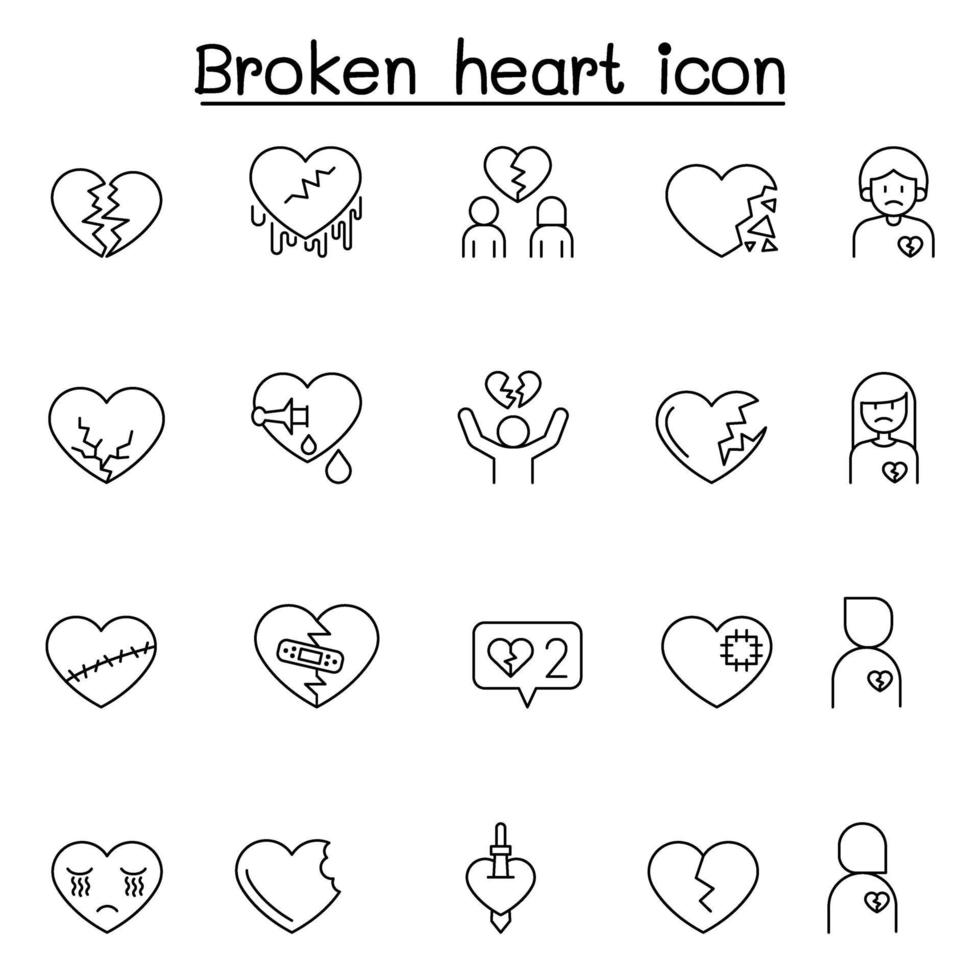 Broken heart, heartbreak icon set in thin line style vector