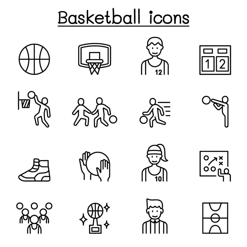 iconos de baloncesto en estilo de línea fina vector