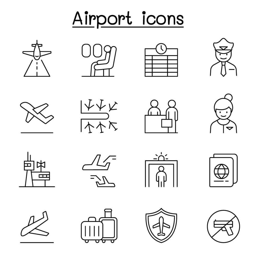 Airport, aviation icon set in thin line style vector