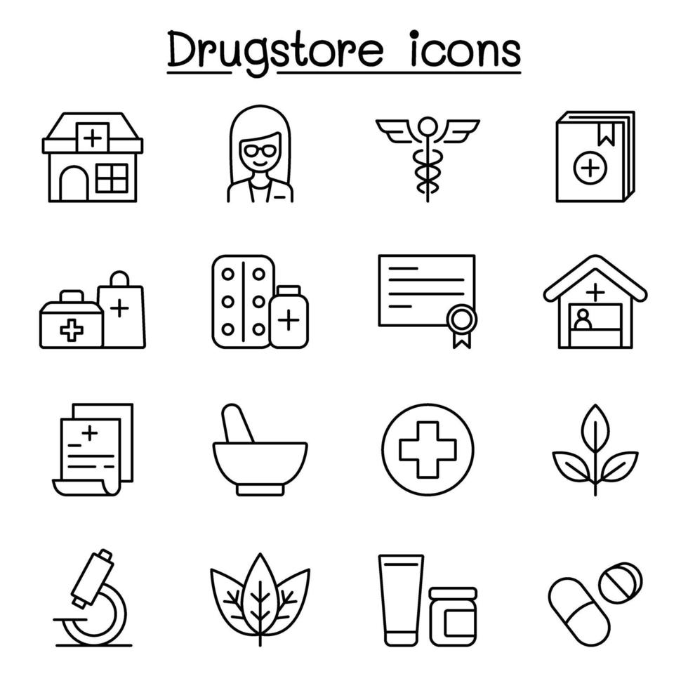 Drug store line icon set in thin line style vector