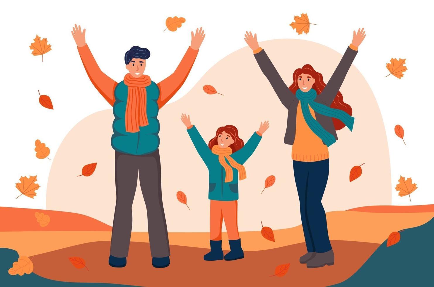 Family walking and tossing fallen leaves in the autumn Park. The concept of Family, autumn. Flat cartoon vector illustration.