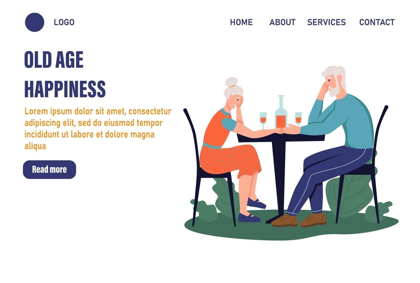 Older people activities page template. An elderly couple sitting at a table in a cafe.The concept of active old age. Day of the elderly. Flat vector illustration