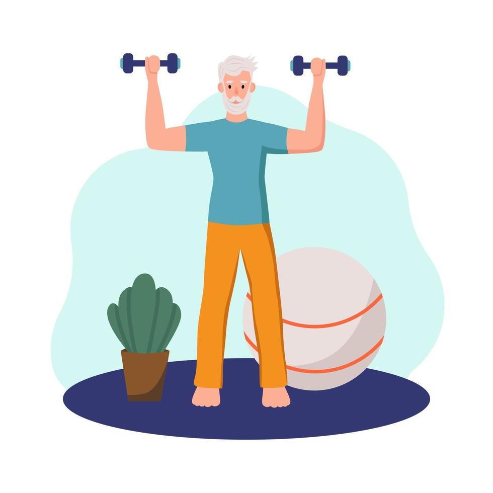 An elderly man exercising at home. The concept of active old age, sports, and yoga. Day of the elderly. Flat cartoon vector illustration.