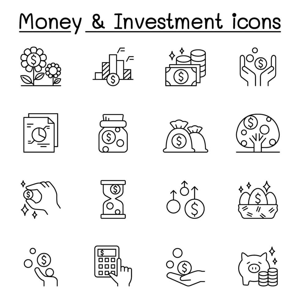 iconos de dinero e inversión en estilo de línea fina vector