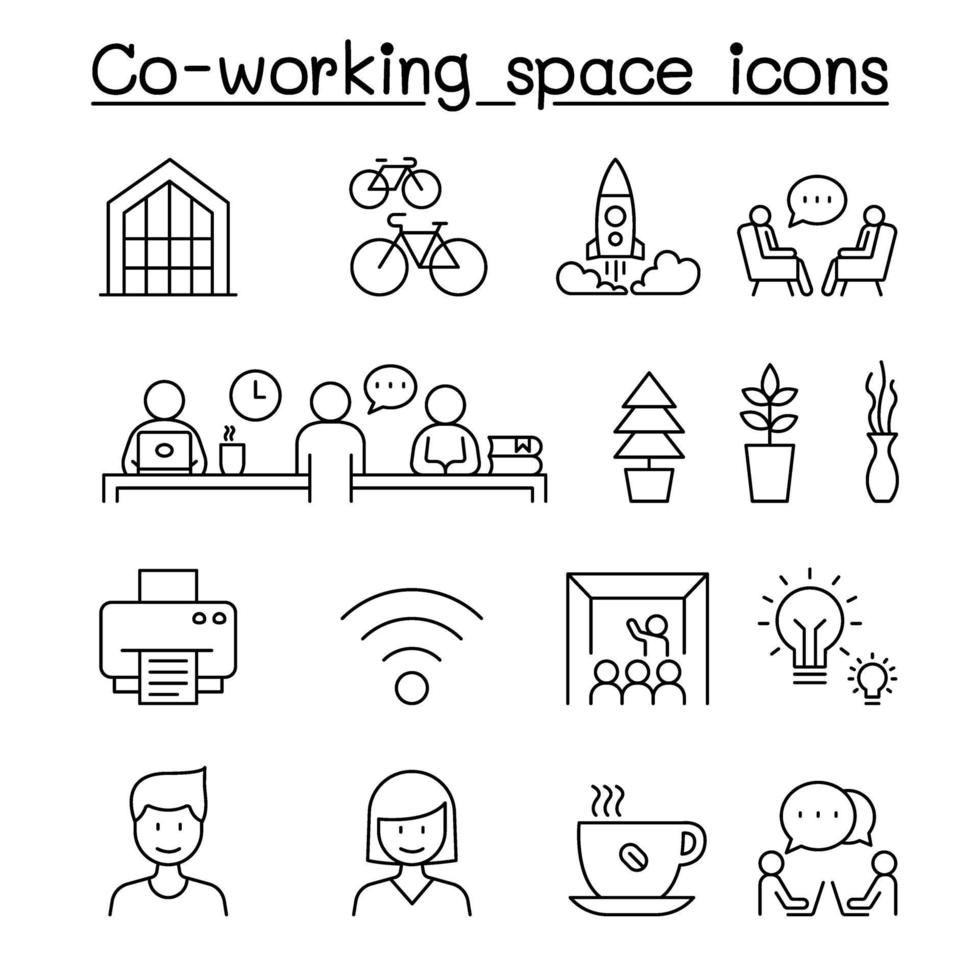 espacio de trabajo conjunto e iconos de inicio establecidos en estilo de línea fina vector