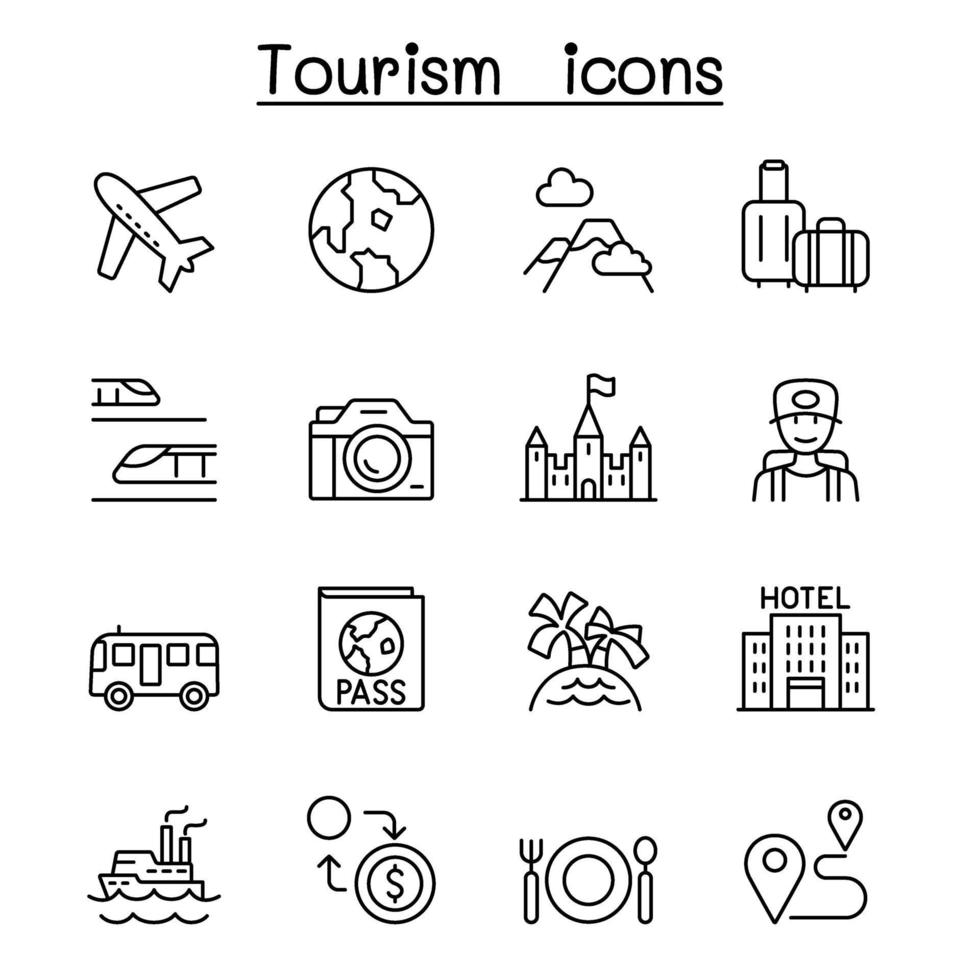 Traveling, transport and Tourism icon set in thin line style vector