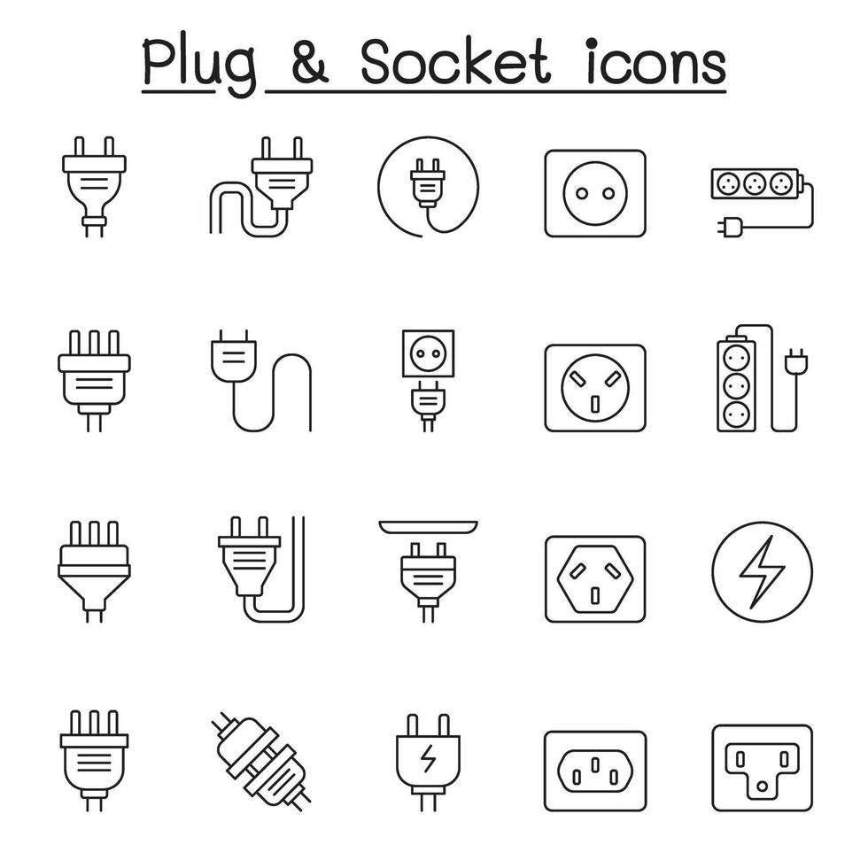 Set of Plug Related Vector Line Icons. Contains such Icons as Socket, outlet, Charge, outlet, wire, cable, cord, prong and more.