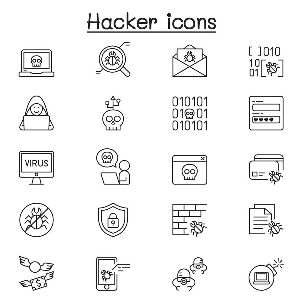 Set of Hacker Related Vector Line Icons. Contains such Icons as spy, virus computer, malware, spam, firewall, computer security, password, application, steal and more.