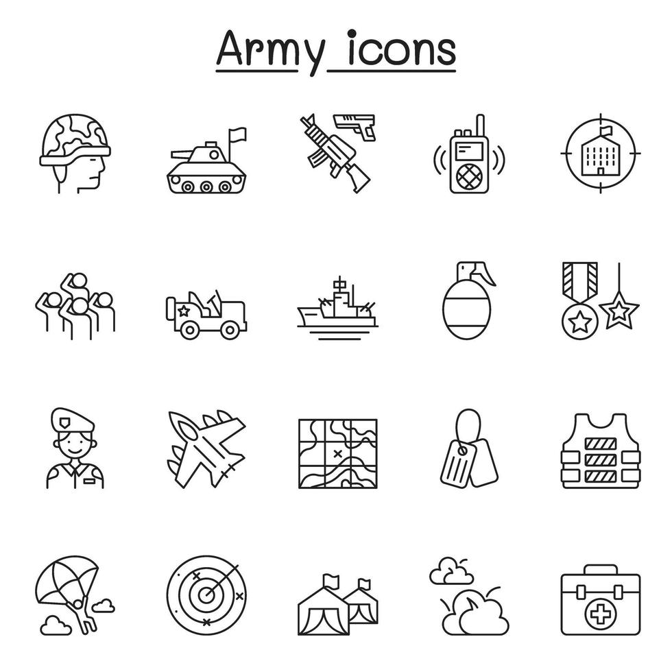 conjunto de iconos de líneas vectoriales relacionadas con el ejército. contiene iconos como soldado, tanque, acorazado, avión a reacción, guerra, ataque, invasión, bomba, rifle, radar y más. vector