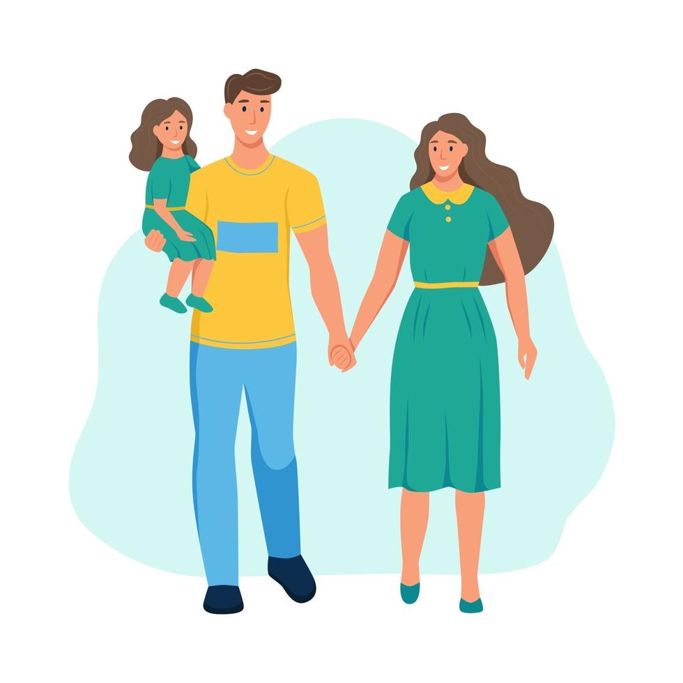 familia en ropa de verano. papá, mamá e hija caminando en el parque. un personaje aislado en un fondo blanco. ilustración vectorial de dibujos animados plana. vector