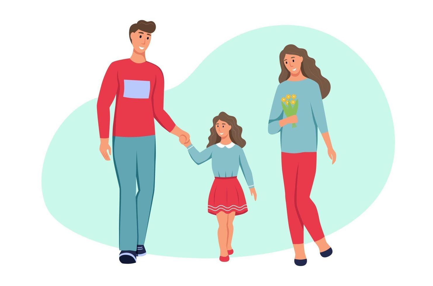 familia en ropa de primavera. papá, mamá e hija caminando en el parque. un personaje aislado en un fondo blanco. ilustración vectorial de dibujos animados plana. vector