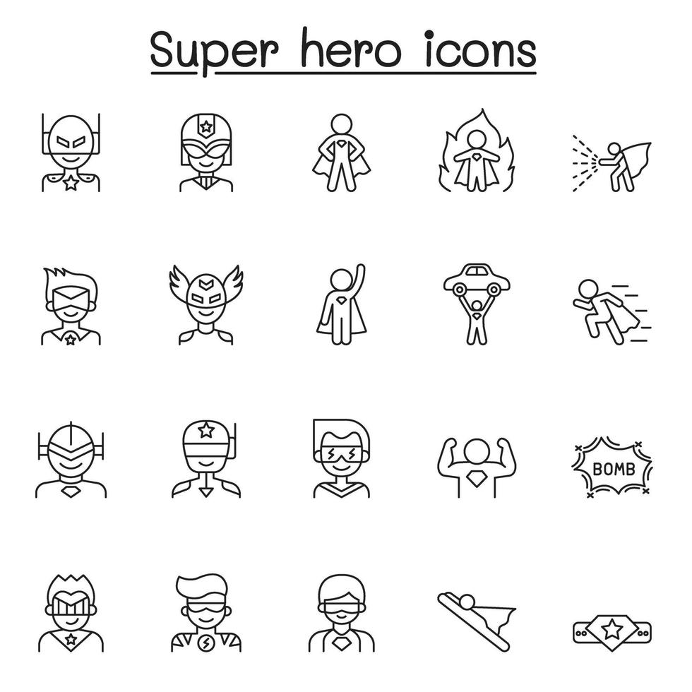 Set of Super hero Related Vector Line Icons. Contains such Icons as mask, costume, power, action, weapon and more.