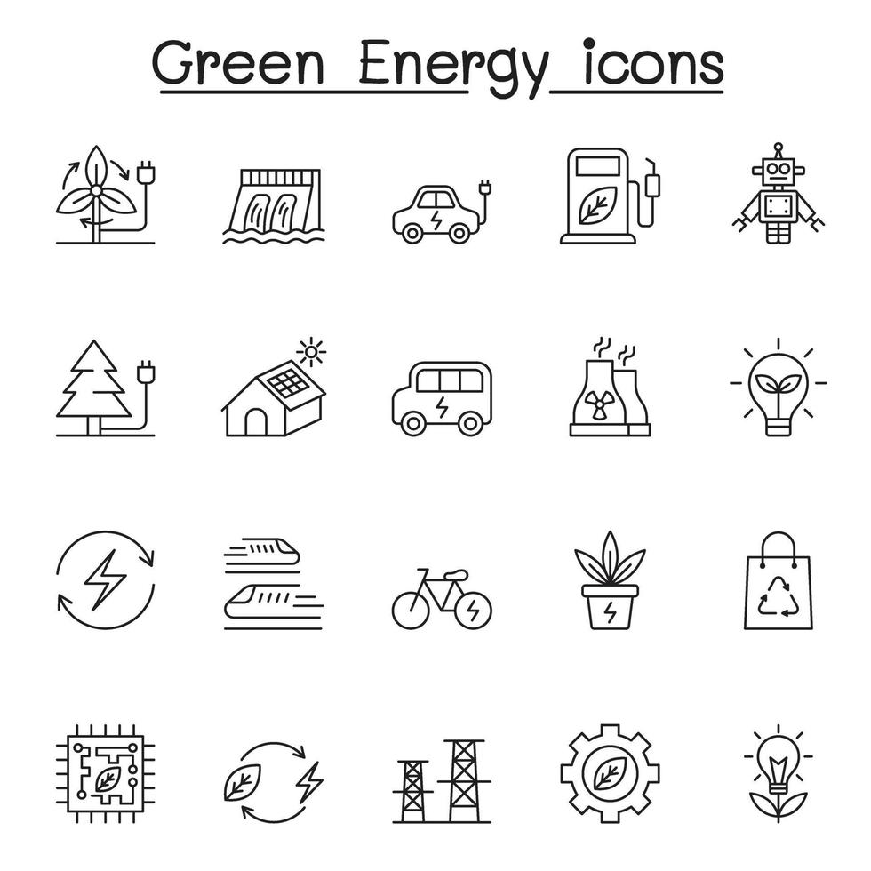 Green energy icons set in thin line style vector