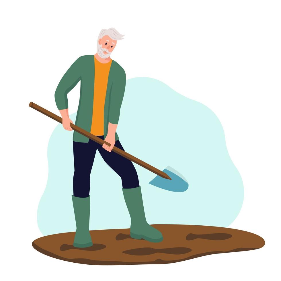 An elderly man gardening. Pensioner digs the ground. The concept of active old age. Day of the elderly. Flat cartoon vector illustration.