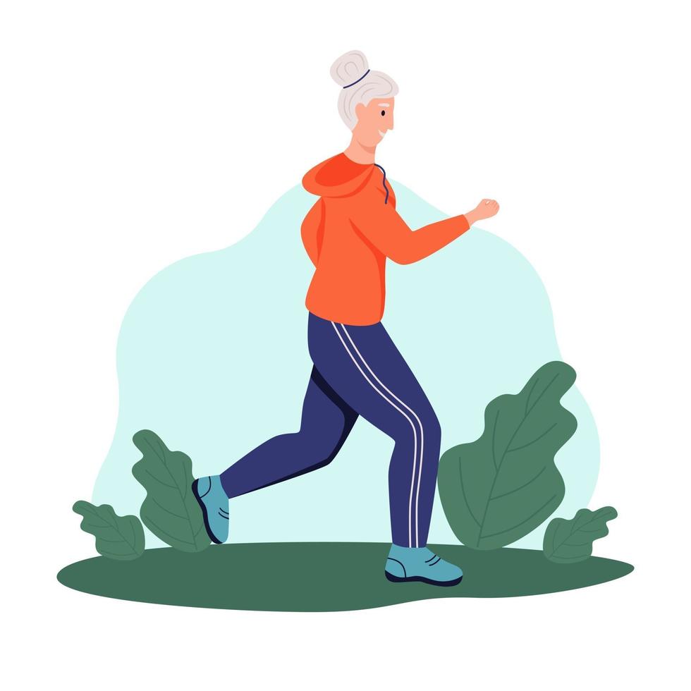 An elderly woman runs in the Park. The concept of active old age, sports, and running. Day of the elderly. Flat cartoon vector illustration.