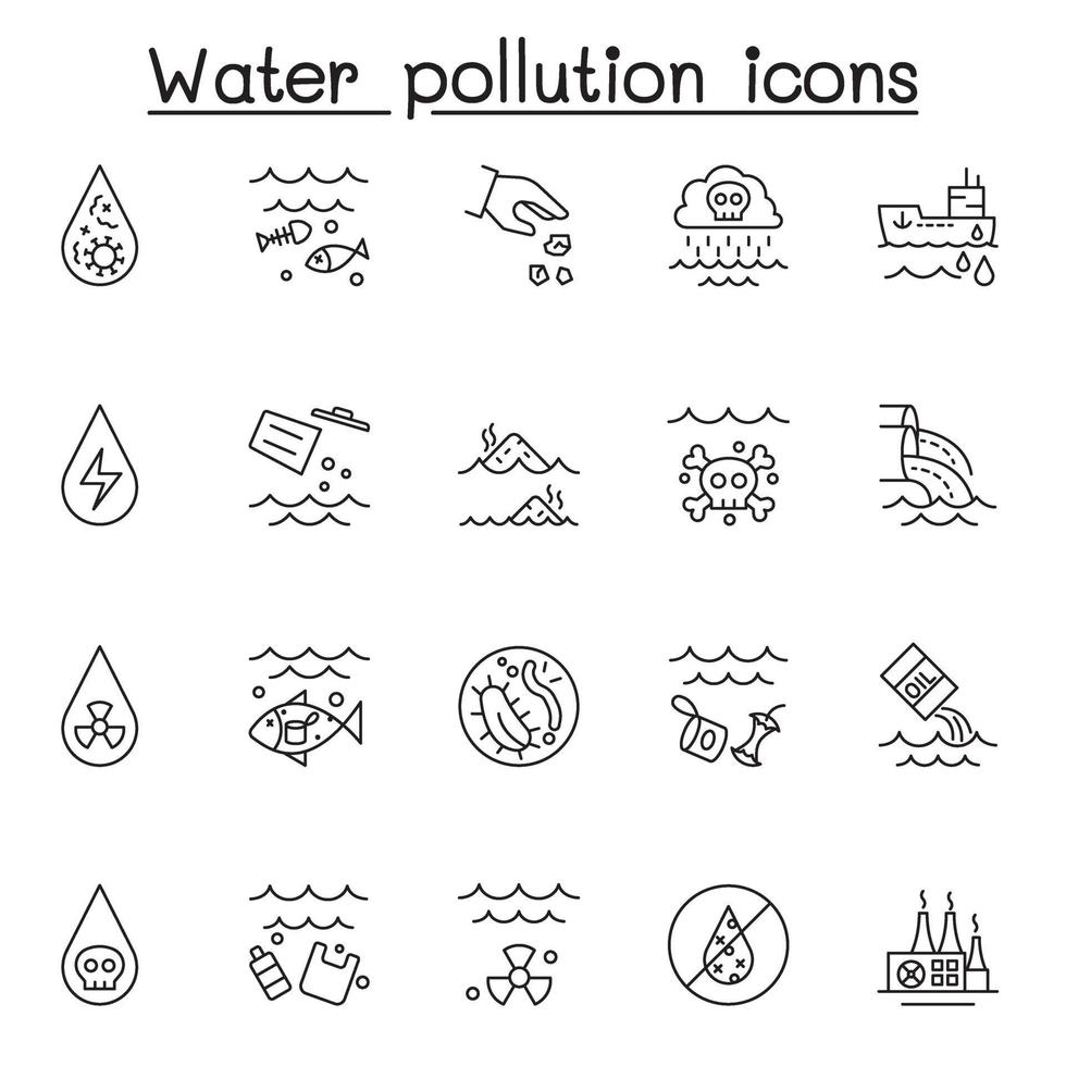 conjunto de iconos de líneas vectoriales relacionadas con la contaminación del agua. contiene iconos como agua sucia, contaminantes, desechos industriales, botellas de plástico, bacterias, basura y más. vector