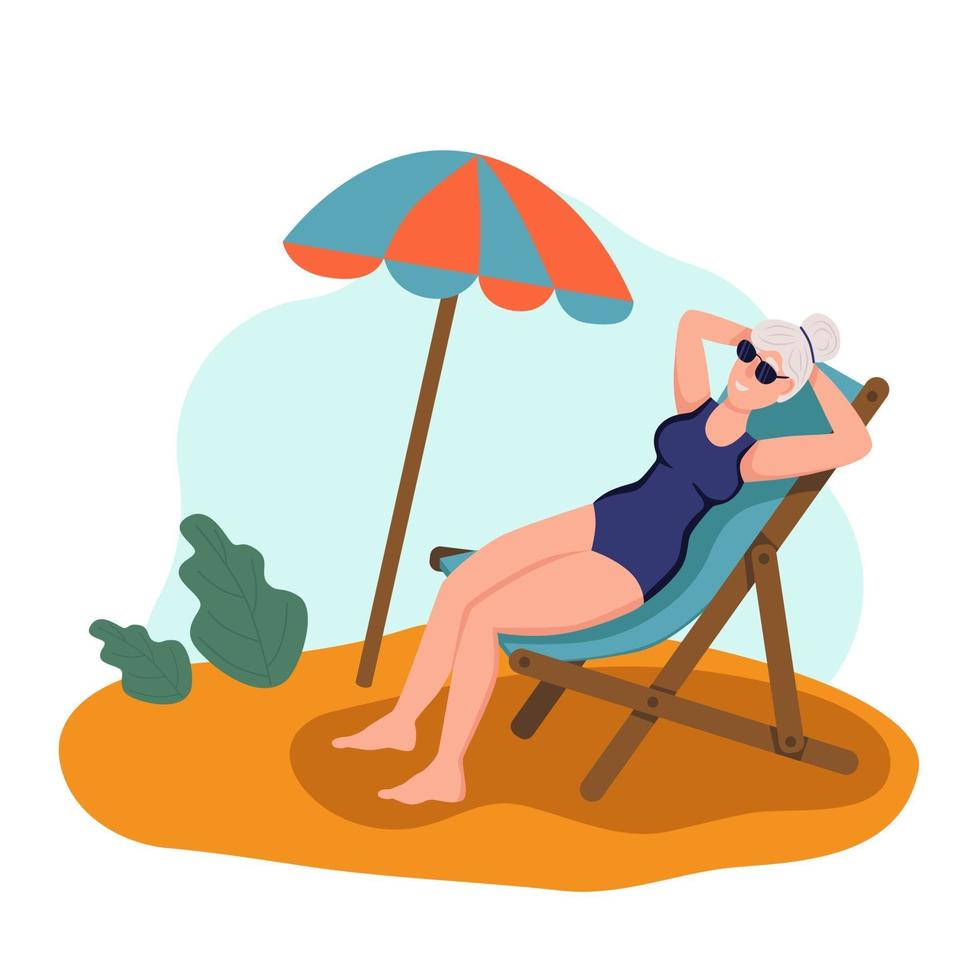 Elderly woman sunbathing on the beach. The concept of active old age. Day of the elderly. Flat cartoon vector illustration.
