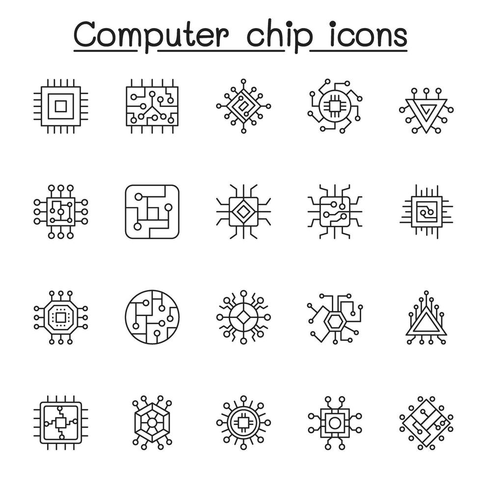 conjunto de iconos de líneas vectoriales relacionadas con chips de computadora. contiene iconos como circuito, placa madre, panel electrónico, cpu, procesador y más vector