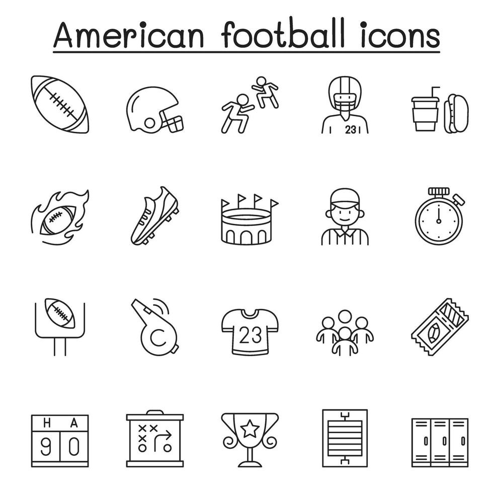 conjunto de iconos de líneas vectoriales relacionadas con el fútbol americano. contiene iconos como pelota, silbato, jugador, camiseta, trofeo, casco, touchdown, árbitro, boleto, marcador, estadio, comida chatarra y más. vector