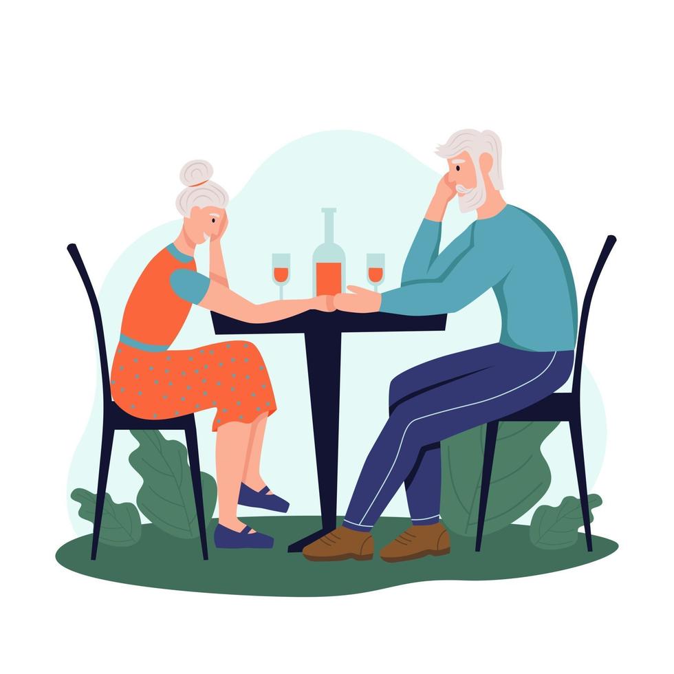 An elderly couple is sitting in a cafe on the street and drinking wine. The concept of active old age. Day of the elderly. Flat cartoon vector illustration.