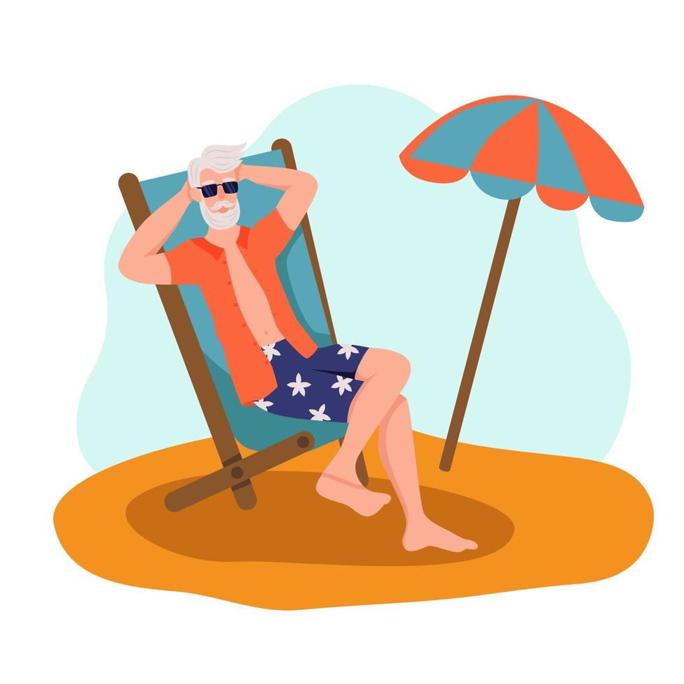 anciano tomando el sol en la playa. el concepto de vejez activa. día de la tercera edad. ilustración vectorial de dibujos animados plana. vector