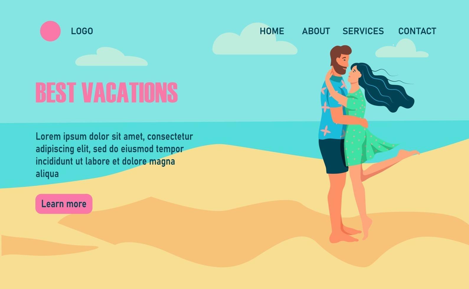 Best vacations. Website homepage landing web page template. Couple in love hugging on the beach. The concept of a beach holiday.  Flat cartoon vector illustration.