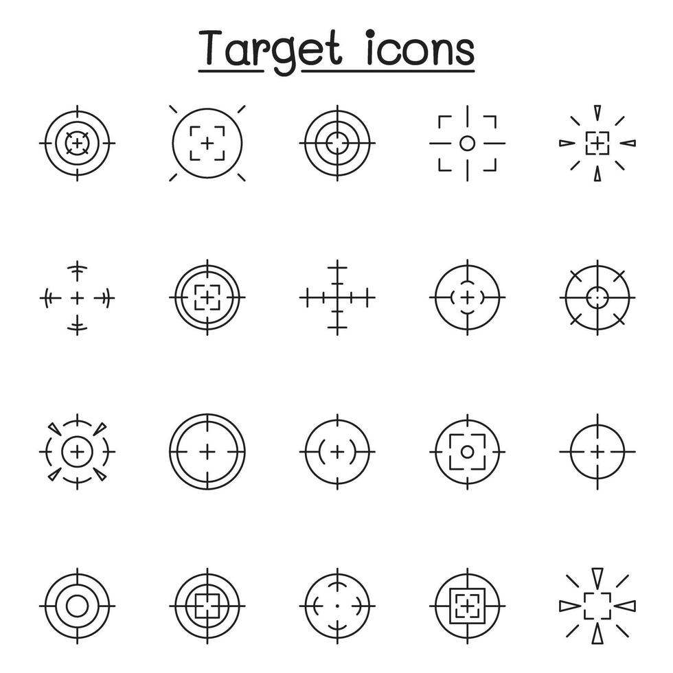 Set of Aim and target Related Vector Line Icons. Contains such Icons as crosshair, sniper scope, shooting game, radar and more