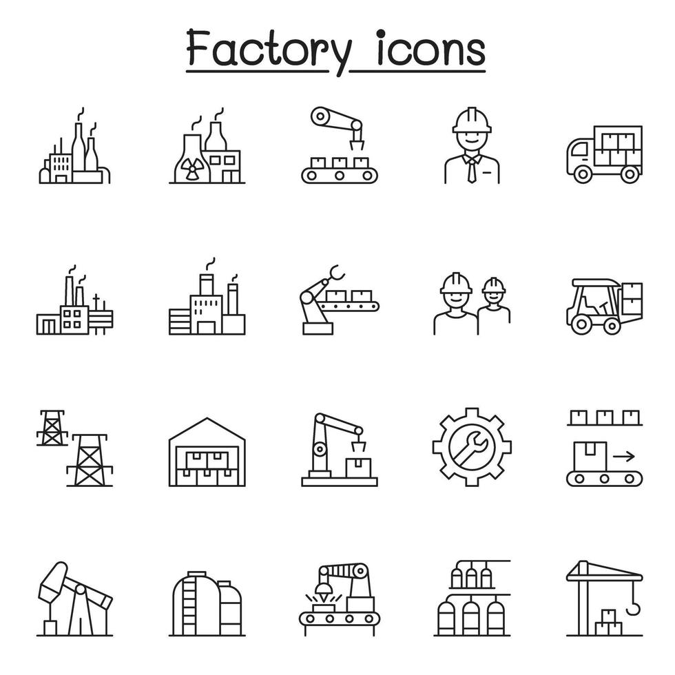 iconos industriales y de fábrica en estilo de línea fina vector