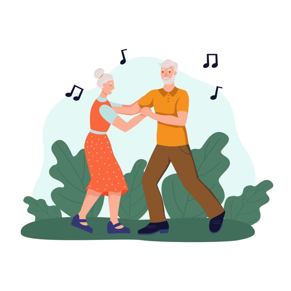 una pareja de ancianos bailando en el parque. el concepto de vejez activa, deportes y entretenimiento. día de la tercera edad. ilustración vectorial de dibujos animados plana. vector