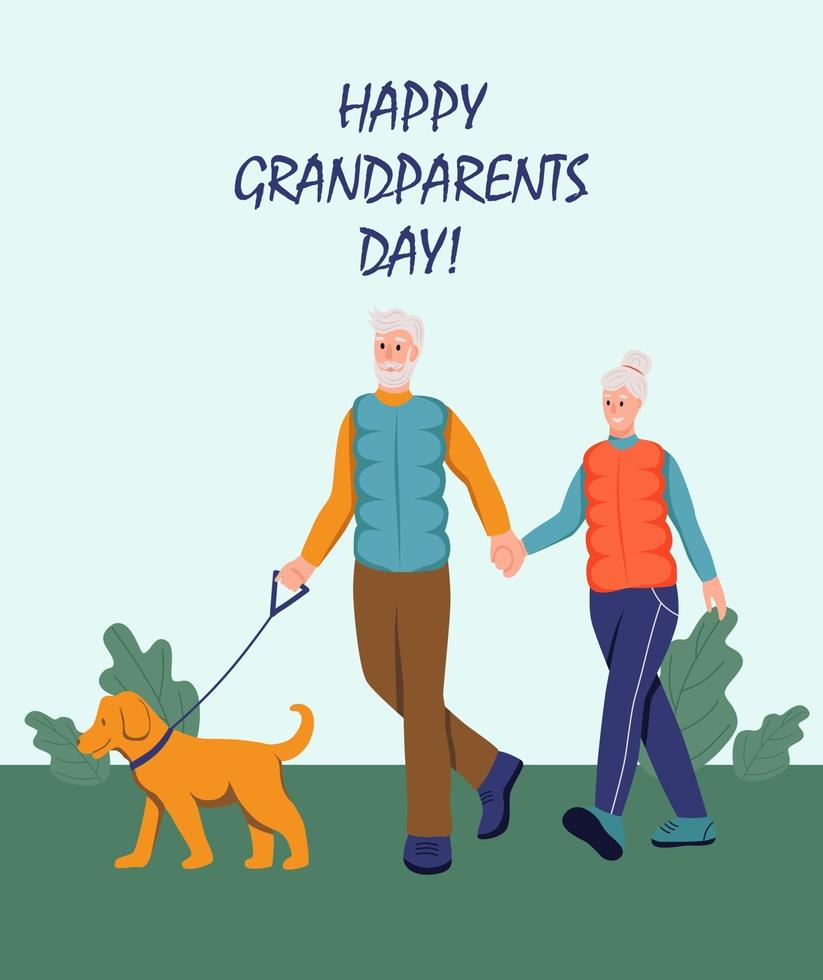 tarjeta de felicitación del día de los abuelos felices. pareja de ancianos paseando a su perro en el parque. alegres personajes de dibujos animados de abuela y abuelo. día de la tercera edad. ilustración vectorial plana. vector