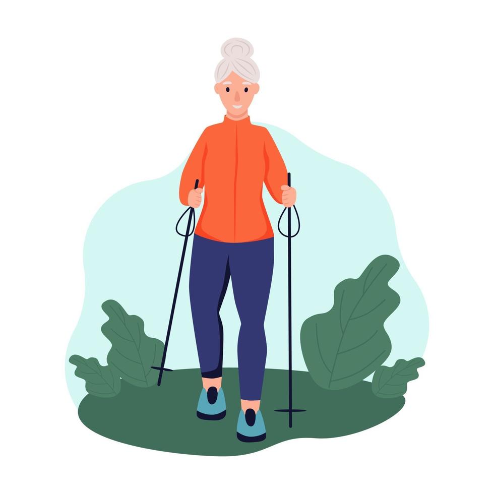 An elderly woman walks with sticks in the Park. The concept of Nordic walking, active ageing, sports. Flat cartoon vector illustration.