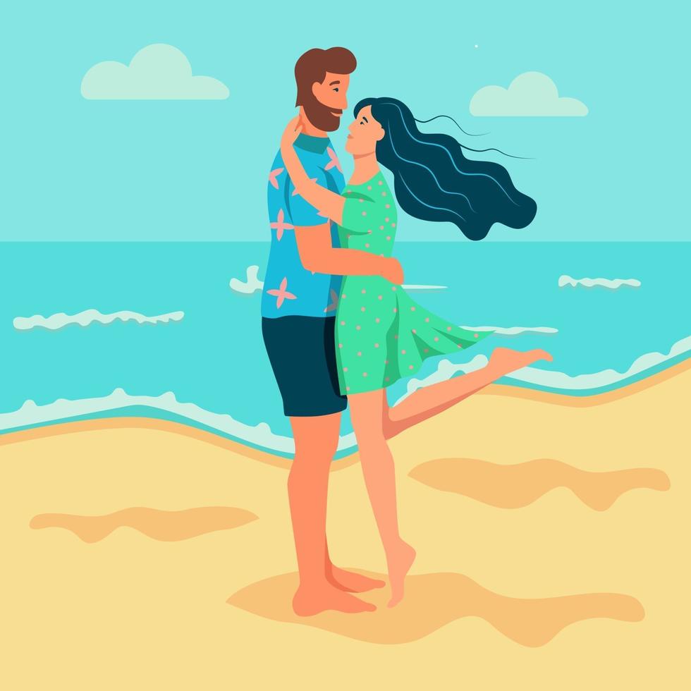 A couple in love hugs on the beach. Greeting card, banner, template. Flat vector illustration