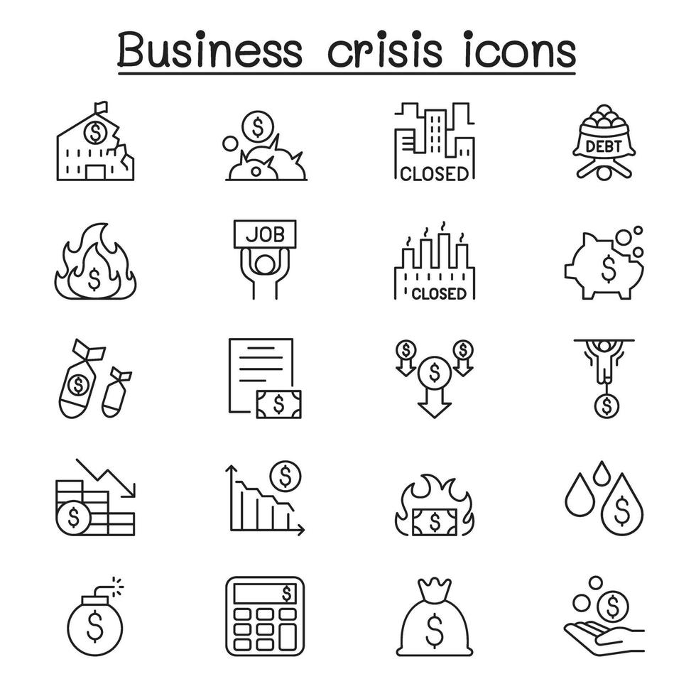 Economic recession, business crisis, trade war icon set in thin line style vector