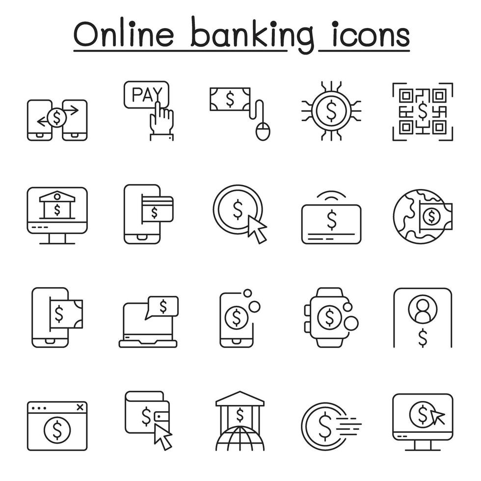 iconos de banca en línea en estilo de línea fina vector