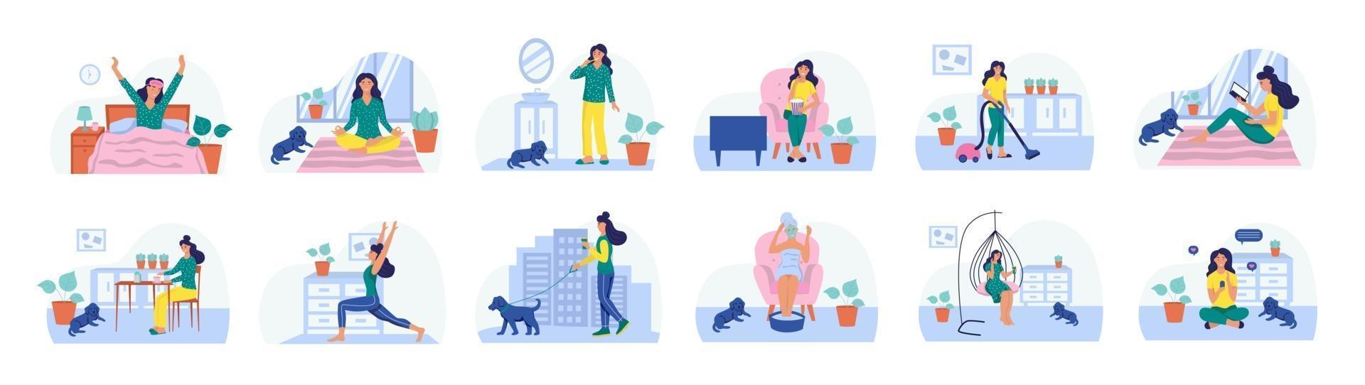 Set of daily routines. The concept of daily life, everyday leisure and work activities. Flat vector illustration.