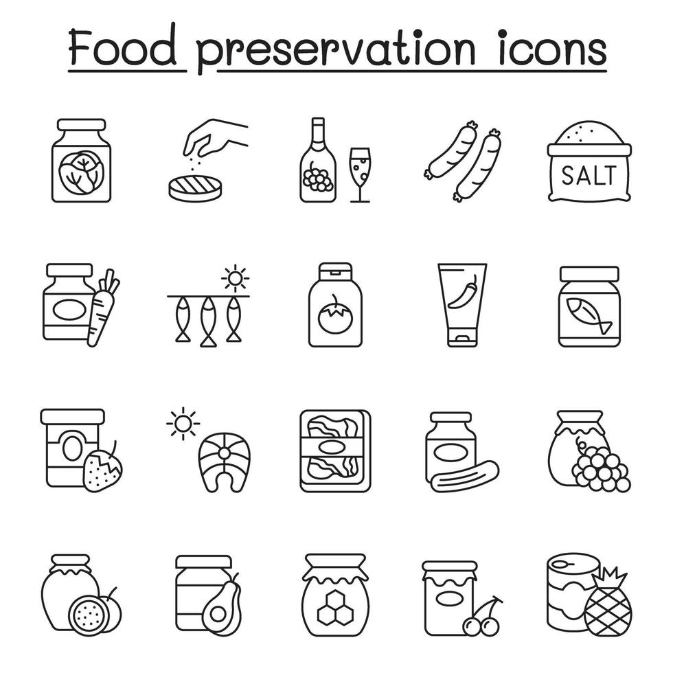 Preserved food icons set in thin line style vector