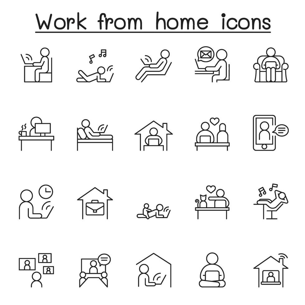 Working at home icon set in thin line style vector