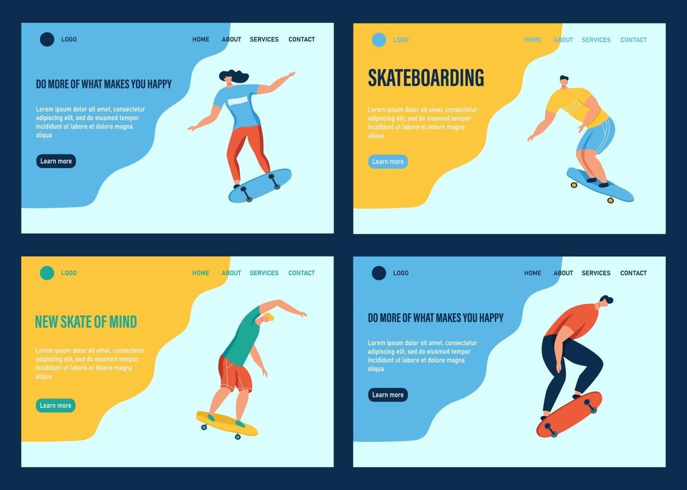 A young men and women or teenagers rides a skateboard. Website homepage landing web page template. Flat vector illustration.