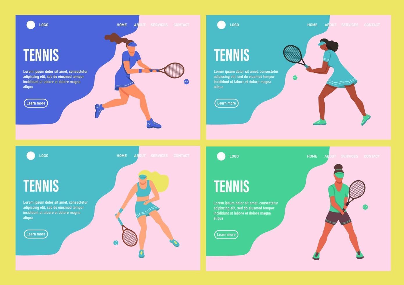 A young women playing tennis. Set of website homepage landing web page template. A flat character. Vector illustration.