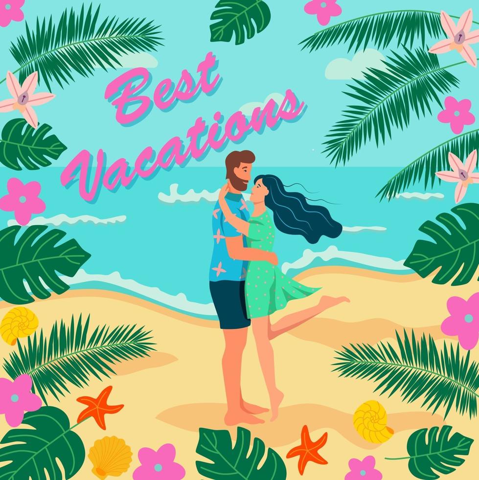 A couple in love hugs on the beach. Summer elements. Lettering  best vacation. Greeting card, banner, template. Flat vector illustration