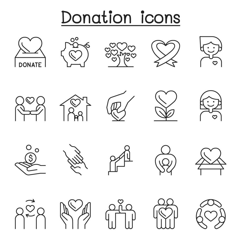 iconos de donación y caridad en estilo de línea fina vector
