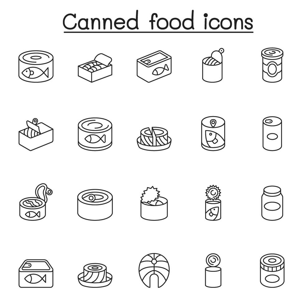 Canned food and Preserved food icons set in thin line style vector