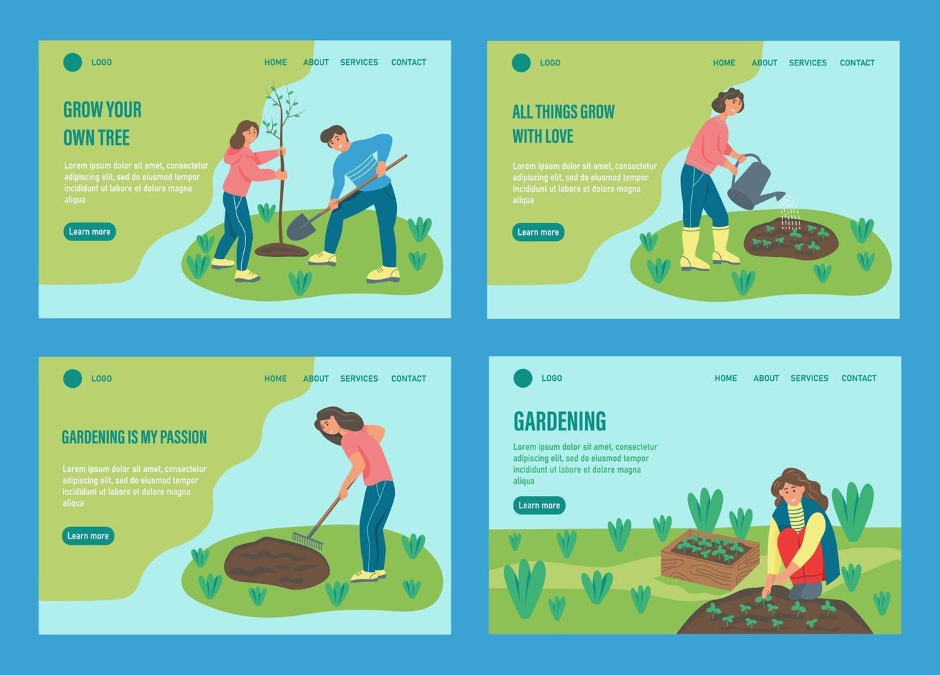 People gardening landing page set vector