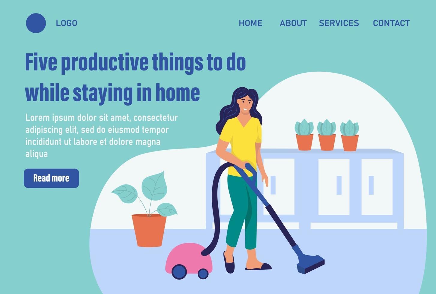 Five productive things to do while staying in home. Website homepage landing web page template. A young woman vacuums. The concept of daily life. Flat cartoon vector illustration.