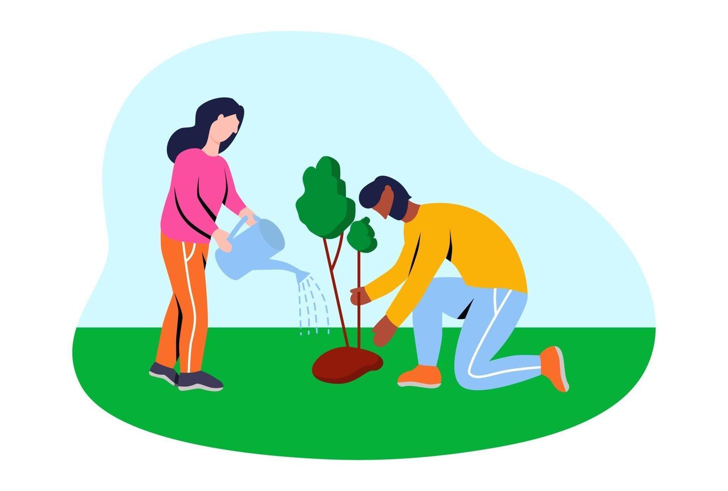 Volunteers planting trees. Flat vector illustration.