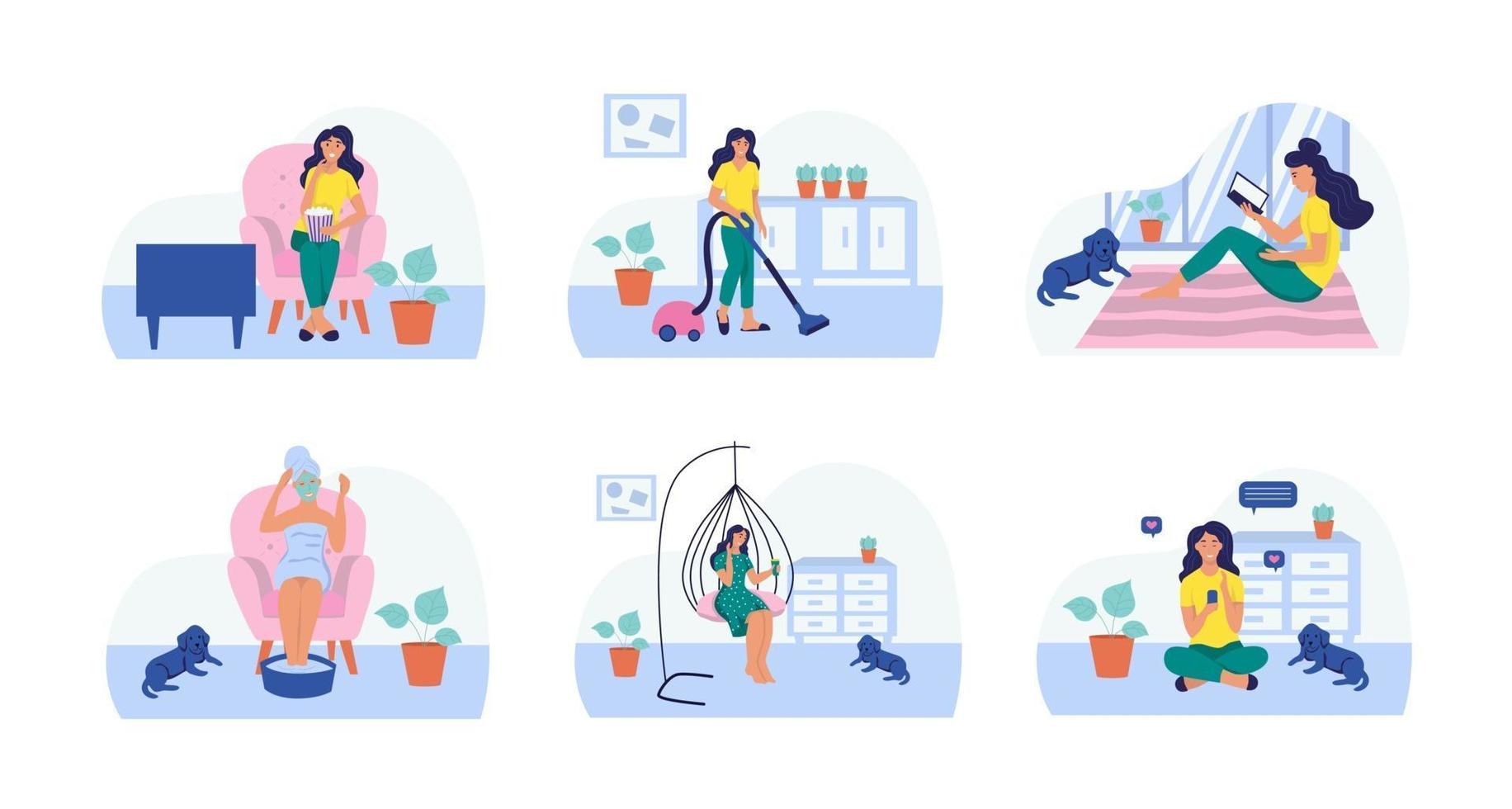 A woman reads, watches TV, vacuums, makes a cosmetic mask, drinks coffee, sits with a mobile phone. Set. The concept of daily life, everyday leisure and work activities. Flat vector illustration.