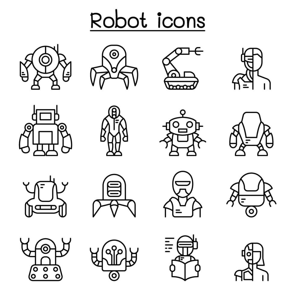 Robot, AI icon set in thin line style vector